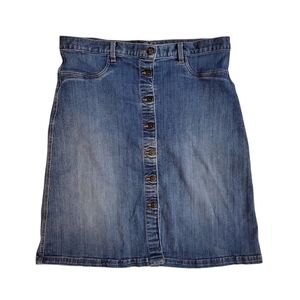 Cookie Johnson Unity Denim Button Front Embroidered Skirt Preppy‎ Size 34
